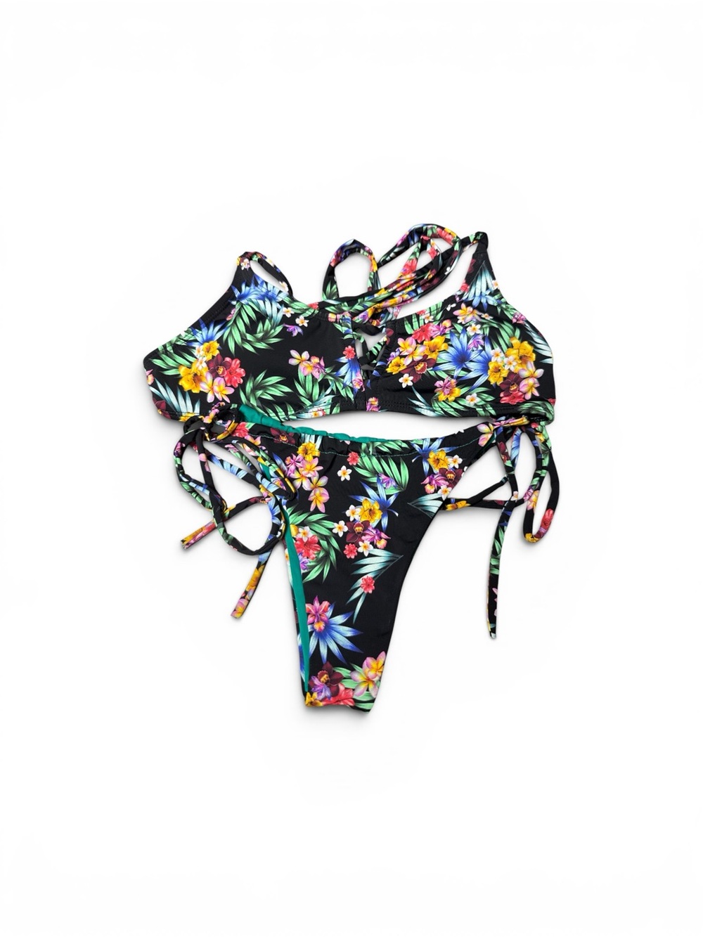 Pakaloha Black Tropical Floral Tie-Side Bikini